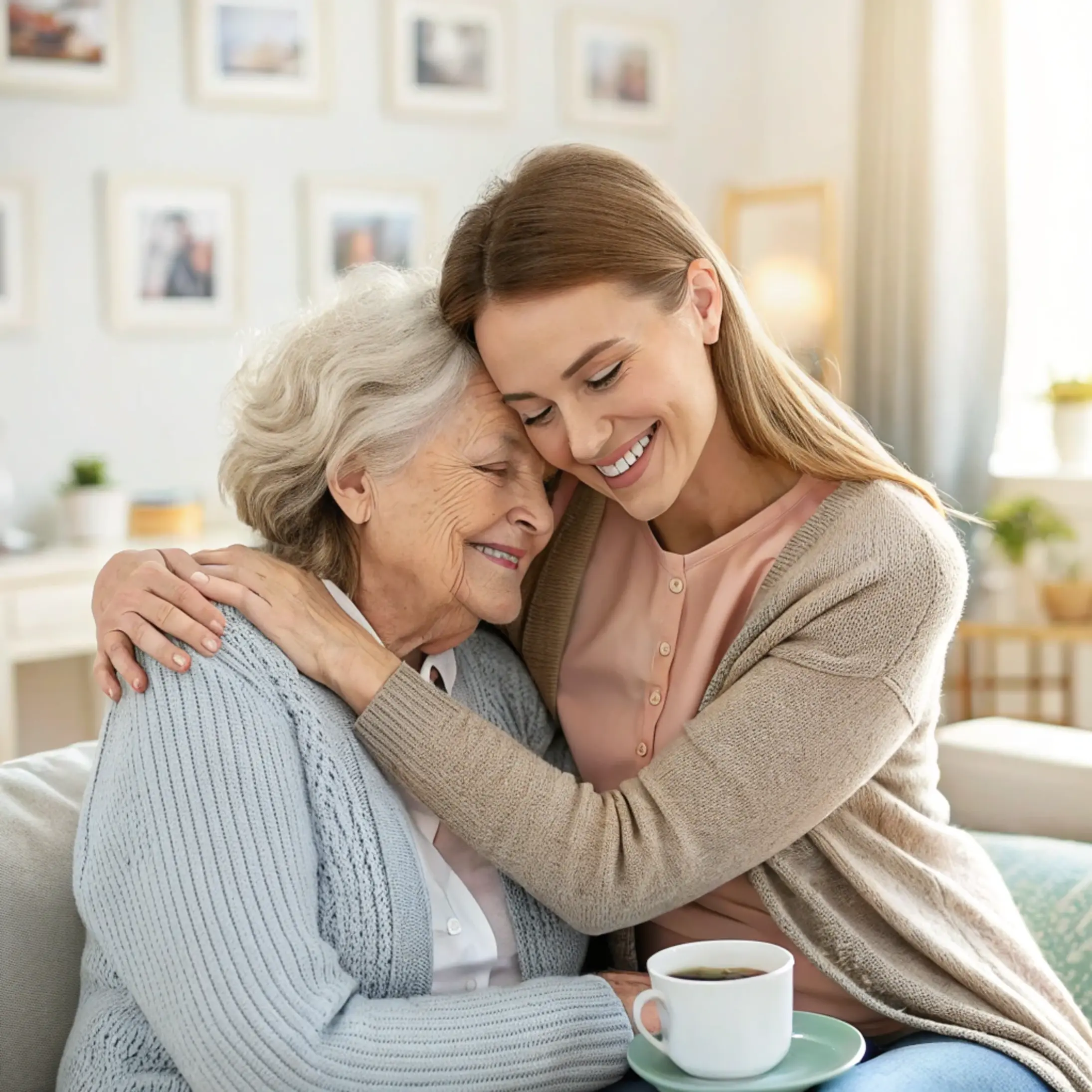 Daughter hugging elderly mother